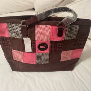 Vineyard Vines Pink and Brown Patchwork Tote
